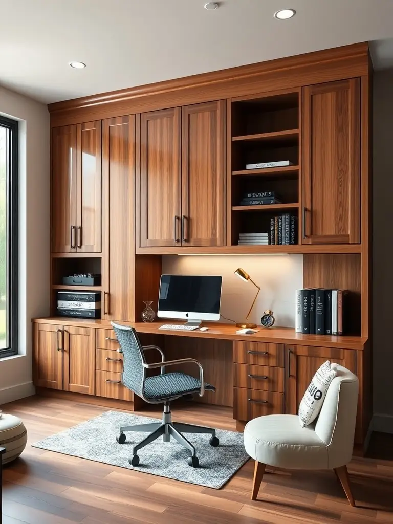 A garage conversion showcasing a home office setup with custom shelving, ample lighting, and a clean, modern aesthetic. The image should emphasize the efficient use of space and the quality of the finish.