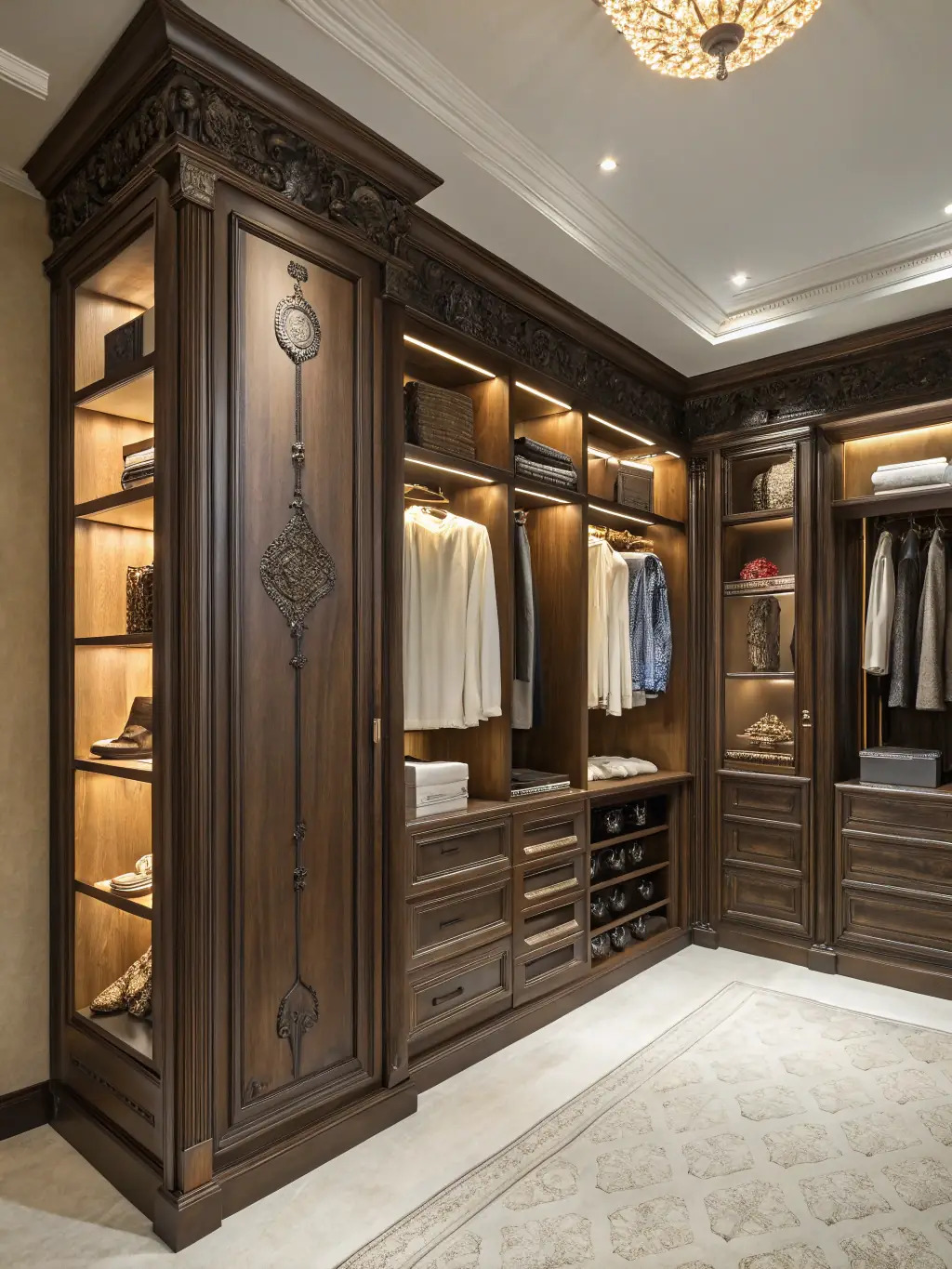 A custom-built fitted wardrobe with sleek, dark wood finish, maximizing storage space in a modern bedroom. The image should showcase the quality of materials and the attention to detail.
