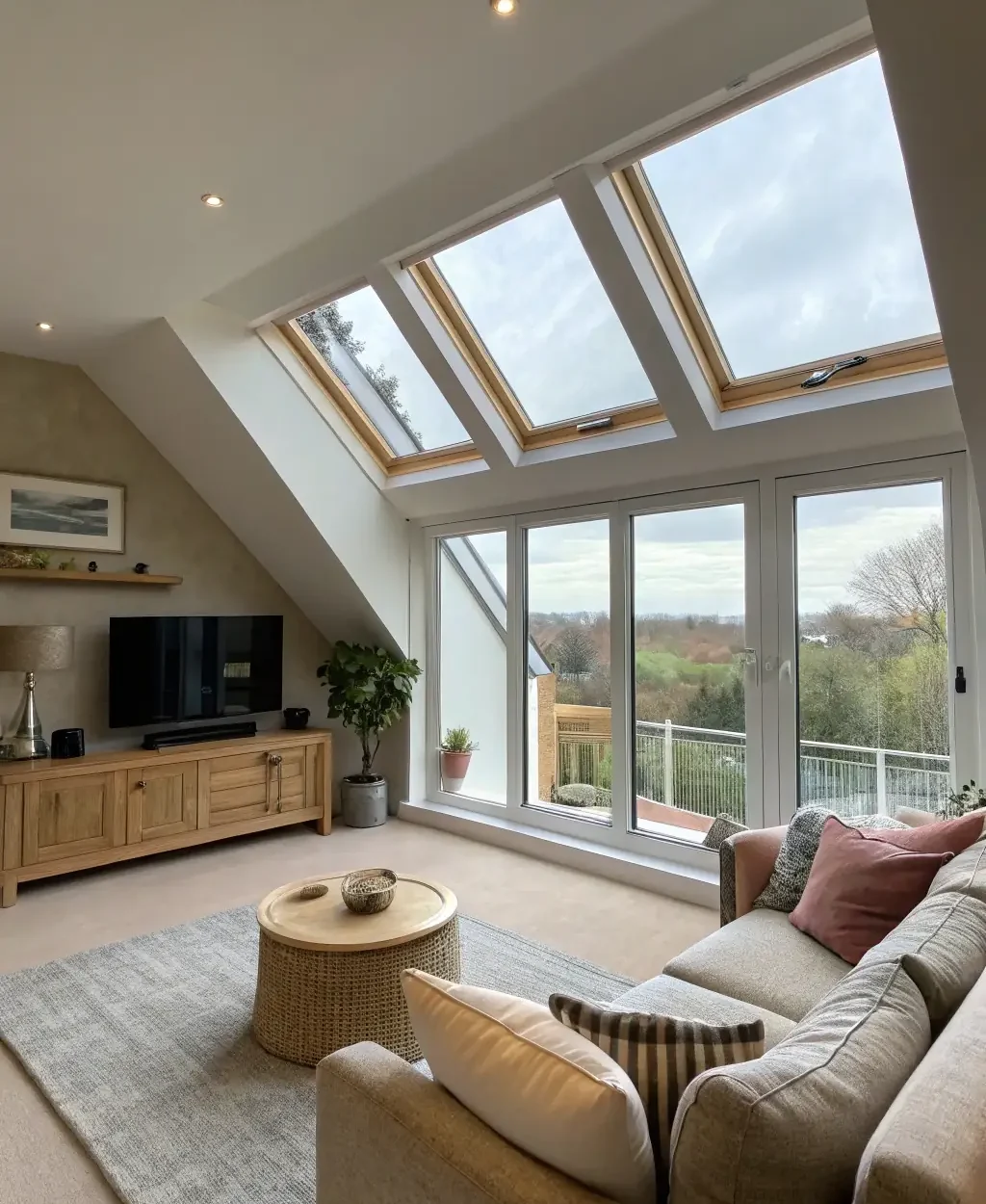 A loft conversion featuring a cozy living area with exposed beams, skylights, and modern furnishings. The image should highlight the transformation of the space and the quality of the workmanship.